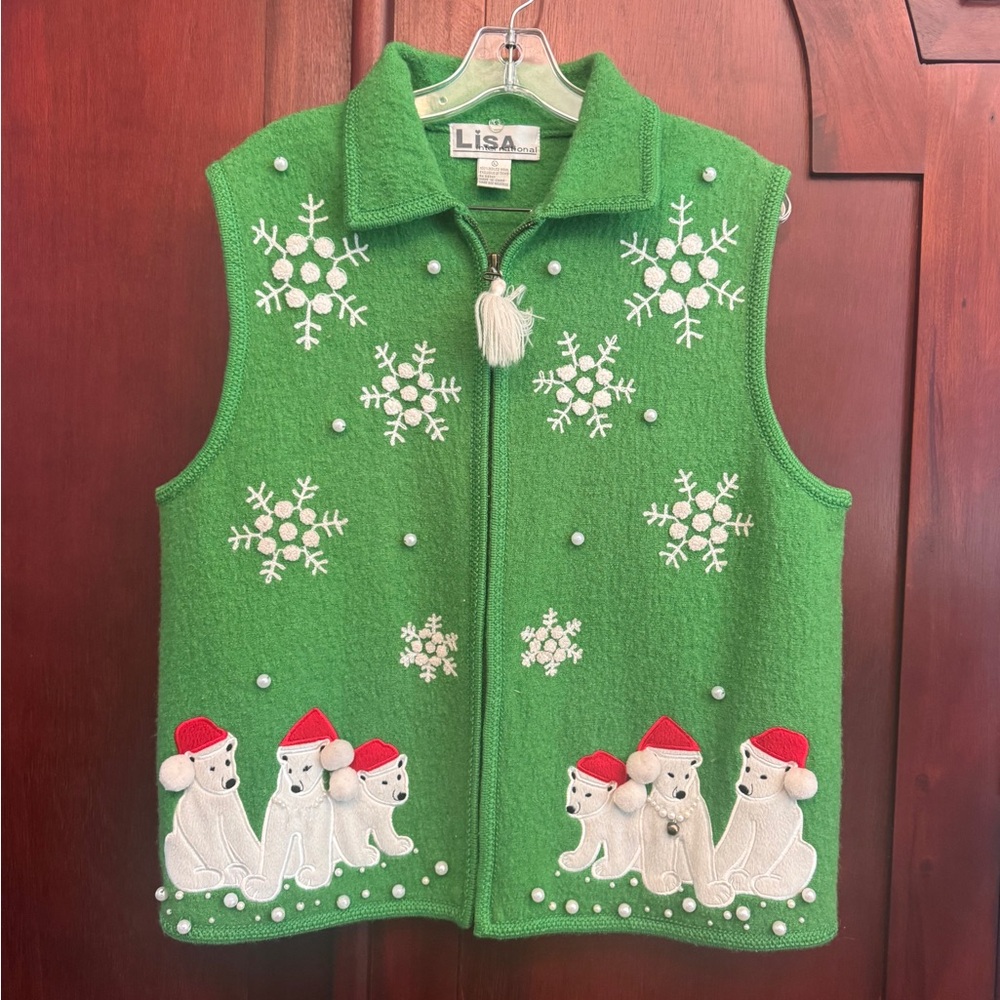 Vintage Lisa International Christmas Polar Bear Boiled Wool Vest Size XL Green